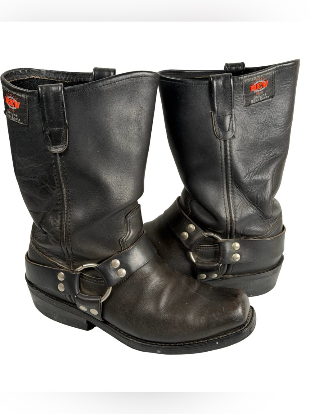 Vintage REV Gear Black Leather Square Toe Harness Boots Womens 8.5 Mens 7 Unisex